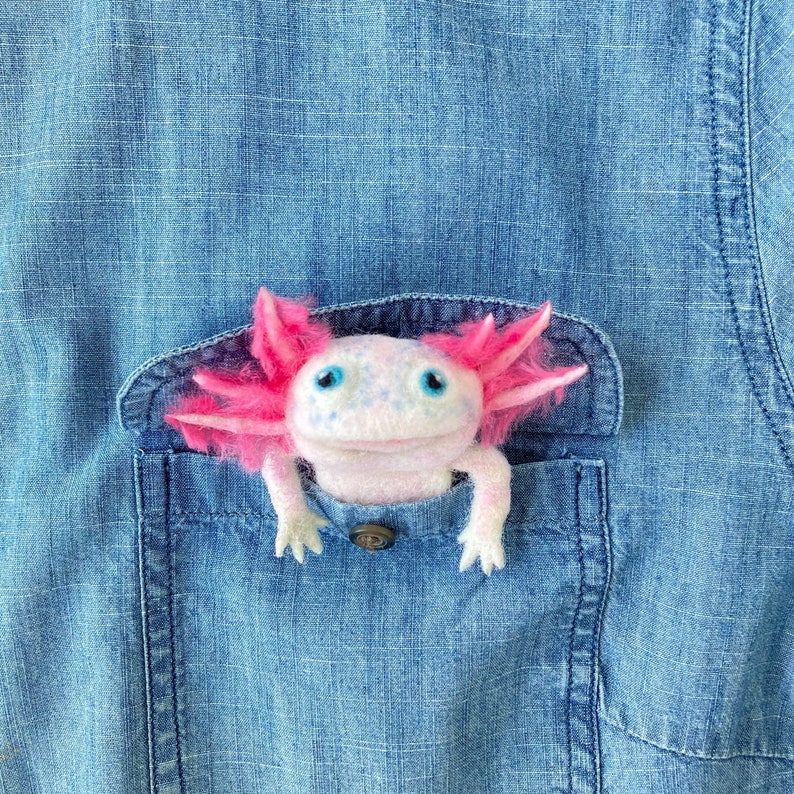 Cute realistic pink axolotl brooch for girl Needle felted amphibian replica pin for women Handmade wool animal jewelry image 10