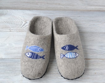 Custom handmade fish slippers Felted wool warm house shoes for men and women Winter home shoes Pisces zodiac gift