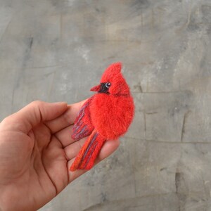 Handmade Red cardinal bird replica brooch for women Cute wool pin Needle felted bird jewelry for girl Realistic felted image 3