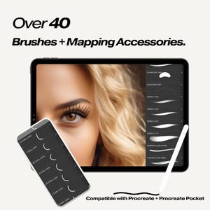 Può includere: Un tablet digitale che mostra una varietà di pennelli e accessori di mappatura per l'app Procreate. Il tablet mostra un primo piano di un occhio di donna con ciglia. Uno stilo è mostrato mentre disegna sullo schermo. Il testo "Compatibile con Procreate + Procreate Pocket" è visualizzato nella parte inferiore dello schermo.