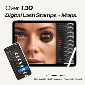 May include: A digital illustration of a woman's eye with eyelashes. The image is displayed on a tablet screen with a stylus pen next to it. The tablet screen shows a list of digital lash stamps and maps. The text "Over 130 Digital Lash Stamps + Maps" is displayed at the top of the image. The text "Compatible with Procreate + Procreate Pocket" is displayed at the bottom of the image.