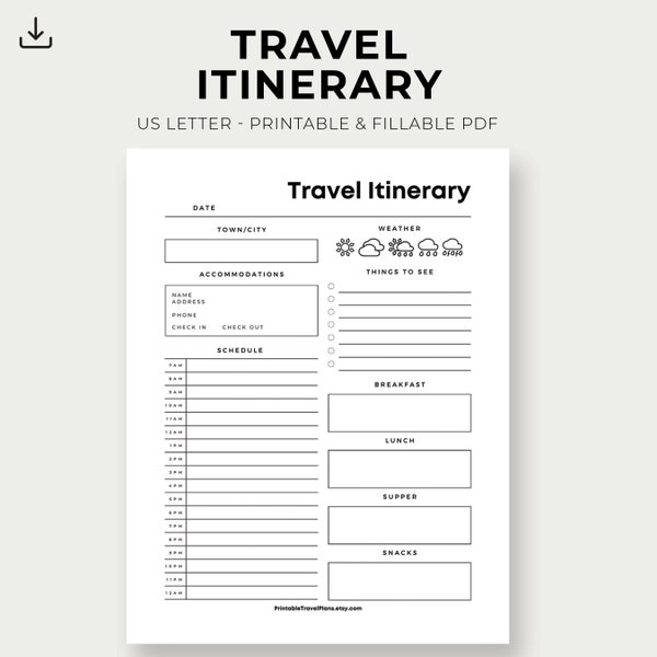 Printable Travel Itinerary, Travel Plan Printable, Printable Travel Planner, Vacation Itinerary Template, Vacation Planner Printable