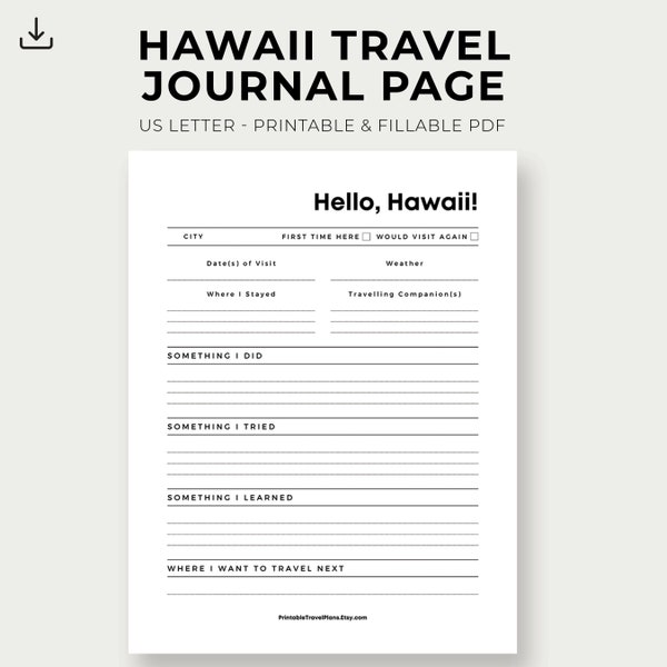 Hawaii Printable Travel Journal Page, USA Travel Journal, Travel USA, Printable Travel Planner, Vacation Planner Printable, Travel PDF