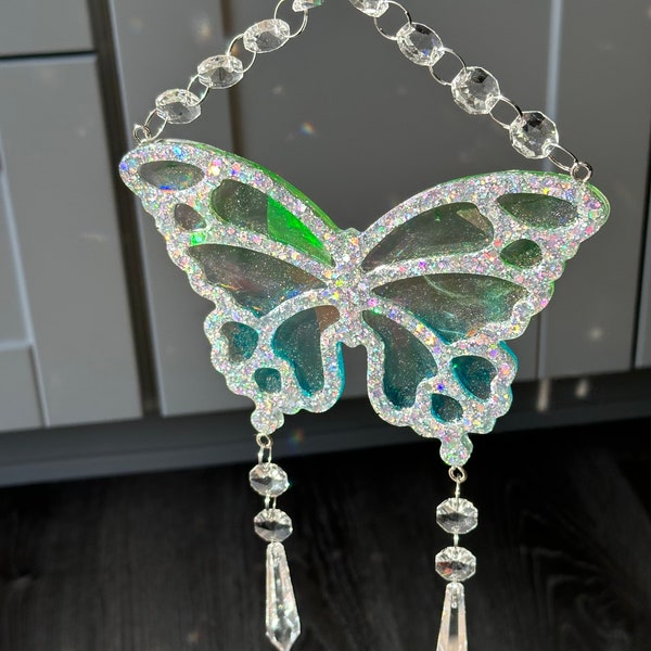 Resin Holographic Suncatcher, Large Butterfly Suncatcher, Crystal Glass Beads, Rainbow Maker, Window Decor, Prism Suncatcher
