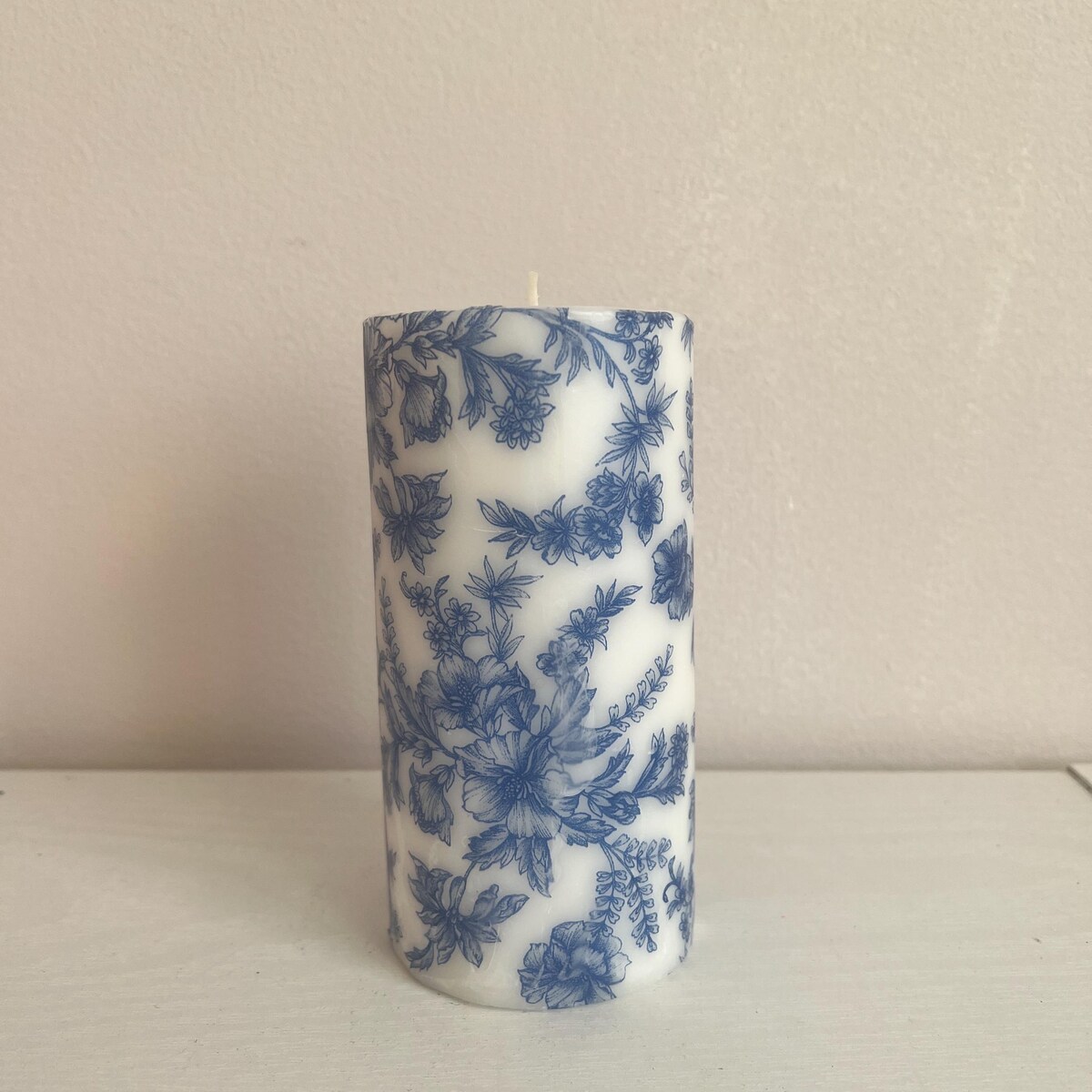 Blue Toile Pillar Candle: French Cottagecore Home Decor, Vintage Inspire Candle