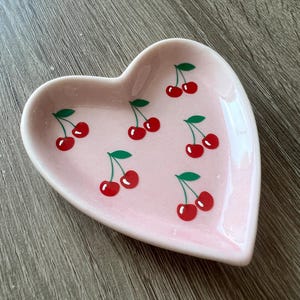 Cherry Decor, Cherry Vibe, Red Cherries, Summer Kitchen, Spring Decor, Cute Decor, Gift For Her, Ceramic Jewelry Tray, Pink Heart Ring Dish