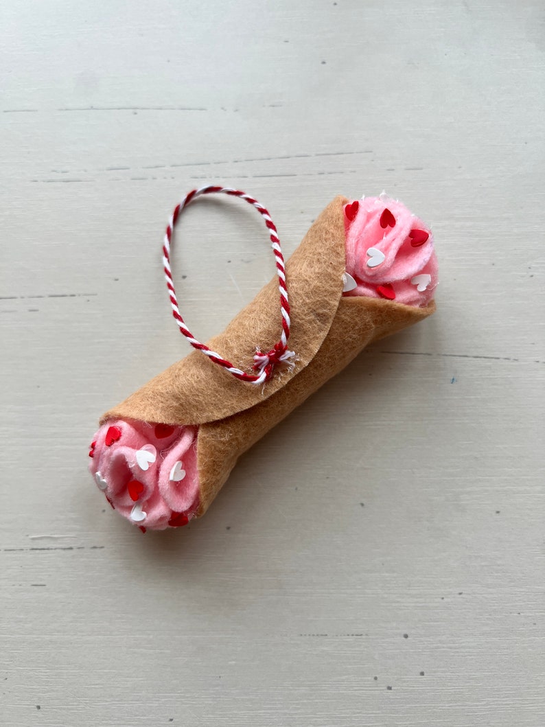 Felt Cannoli Ornament, Pink Hearts Cannoli, Red Hearts, Italian