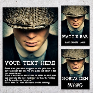 Personalised Peaky Blinders Style Tommy Shelby Wall Art Print, Man Cave, Home Bar, Custom Prints, UNFRAMED