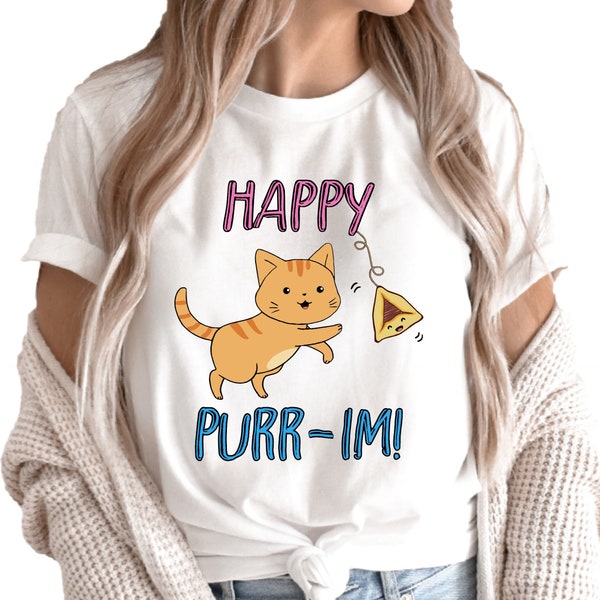 Happy Purr-im! Unisex Jewish T-Shirt For Purim With Cute Cat Playing With A Smiling Kawaii Hamantash, Judaica, Cat Lover, Jewish Gift