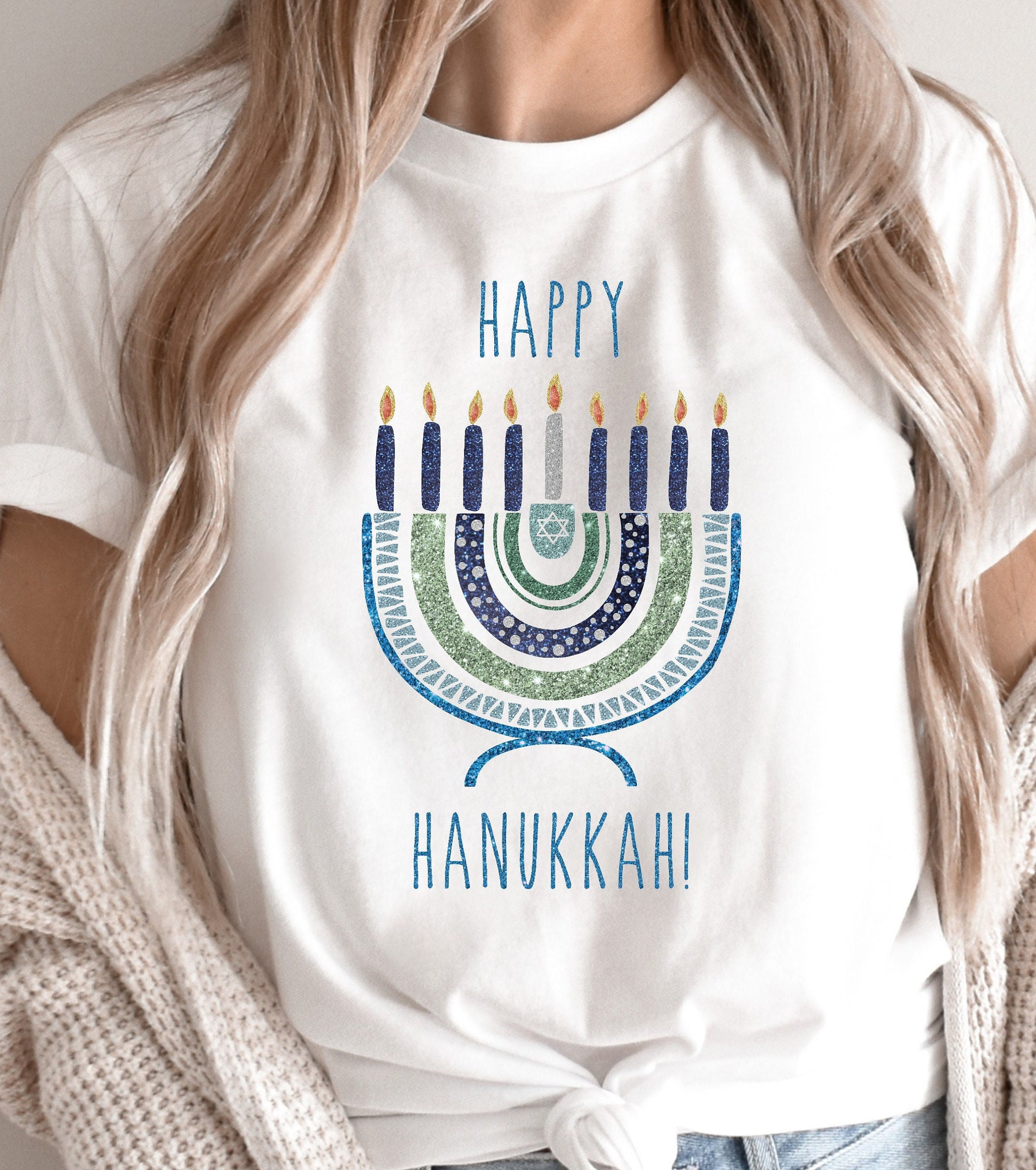 Boho Glittery Happy Hanukkah with Menorah Tshirt sold by Brosmind SKU 38731711 55 OFF