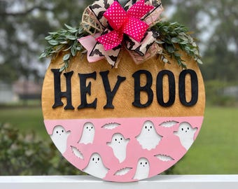 Hey Boo | Hey Boo Door Hanger | Door Sign | Fall Door Sign | Halloween Door Sign | Halloween Door Hanger | Wooden Door Sign | Pink Halloween
