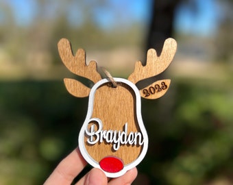 Personalized Reindeer Ornament, Wooden Ornament, Personalized Wooden Ornaments, Kid Ornament, Custom Ornament, Reindeer Ornament, Gift Tag