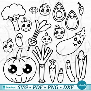 Cartoon Vegetable Bundle, Vector Veggie Design, Cute Outline Cut Files, Kawaii Harvest Clipart svg, png, pdf, dxf for Cutting file