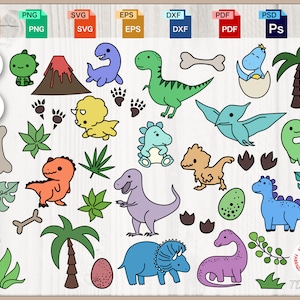 Paquete SVG de dibujos animados coloridos de dinosaurios: diseños gráficos caprichosos y divertidos