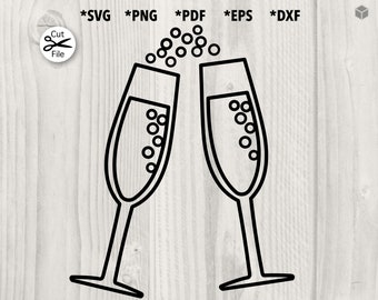 Champagne Glasses Outline, Bubbly Wine Illustration Clipart, Party Drink Graphic Vector Design svg, png, pdf, dxf, eps for cutting machine
