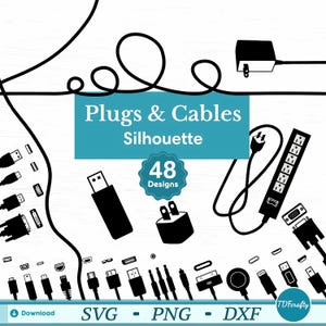 Bundle de silhouettes de câbles électroniques, fichiers SVG de haute qualité technologique, dispositif de connexion, étiquettes d'organisation premium png, bouchons dxf