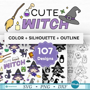 Schattige cartoon heks silhouet bundel svg, Halloween png, afdrukbare kinderen clipart, tekeningen snijden bestand dxf