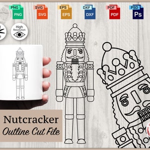 Könnte beinhalten: Eine weiße Tasse mit einer schwarzen Umrisszeichnung eines Nussknackers. Das Bild zeigt auch eine schwarz-weiße Nussknacker-Umrisszeichnung und eine Grafik mit dem Text "Nutcracker Outline Cut File". Verschiedene Dateiformat-Symbole werden angezeigt.