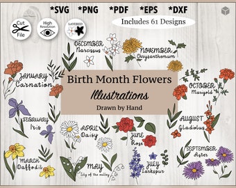 Birth Month Flowers Illustrations Bundle, Floral Designs (svg, png, pdf, dxf, eps)