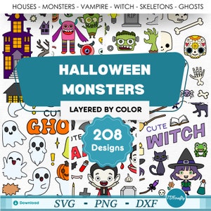 Cartoon Halloween Monster Bundle nach Farbe, Vampir, Hexe, Frankensteins Monster, Geist, Haus, Skelett svg, png, dxf