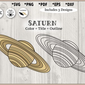 Op de afbeelding: Een digitaal ontwerpbestand voor een Saturnus-planeet met ringen. Het ontwerp omvat een gekleurde versie, een zwart-witversie en een omtrekversie. Het ontwerp is perfect voor knutselprojecten, scrapbooking en meer.