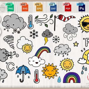 Weerpictogrammen SVG-bundel, Cloud Vector Cut-bestand, Sunny Digital Download, Rainy and Snowy illustratie svg, png, pdf, eps, dxf, psd, jpeg, ai