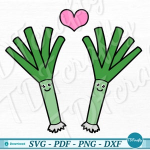 漫画のネギ野菜カップル、ベクター野菜デザイン、かわいいレイヤードカラーカットファイル、かわいいクリップアートsvg、png、pdf、dxfカッティングファイル