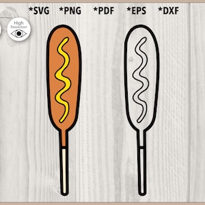 Corn dog Color and Outline Vector Design, Food fare Snack Cut File, Ketchup Mustard Meal on a stick svg, png, pdf, dxf, eps