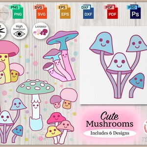Cute Mushrooms Bundle clipart file di taglio progettazione grafica per l'artigianato, Paster Forest Shrooms in file svg, png, jpg, dxf, eps, pdf, ai e psd