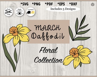 Marzo Daffodil Flower Illustration Set svg, png, pdf, dxf, eps