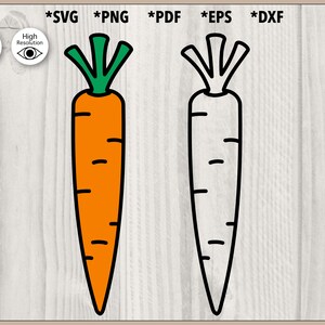 Può includere: Illustrazione di una carota arancione con foglie verdi e contorni neri. L'immagine include il testo "*SVG *PNG *PDF *EPS *DXF", "Cut File" e "High Resolution".
