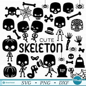 Cute Cartoon Skeleton Silhouette svg, Halloween png, Printable Kids Clipart, Drawings Cutting File dxf