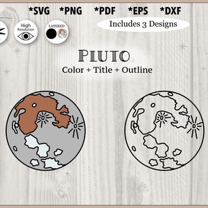 Puede incluir: Diseño digital con dos ilustraciones de Plutón. Una está coloreada con tonos marrones y grises, la otra es un contorno negro. El texto incluye "PLUTO" y opciones de tipo de archivo: SVG, PNG, PDF, EPS y DXF.