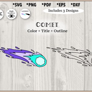 May include: Digital design featuring a comet in two styles: color and outline. The comet has a purple and teal body with a light blue head. Text includes "COMET" and file type options: SVG, PNG, PDF, EPS, and DXF.