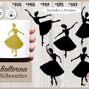 Pacote de arquivos de corte SVG Ballerina Silhouette, estêncil para tatuagem, png, dxf, eps, pdf