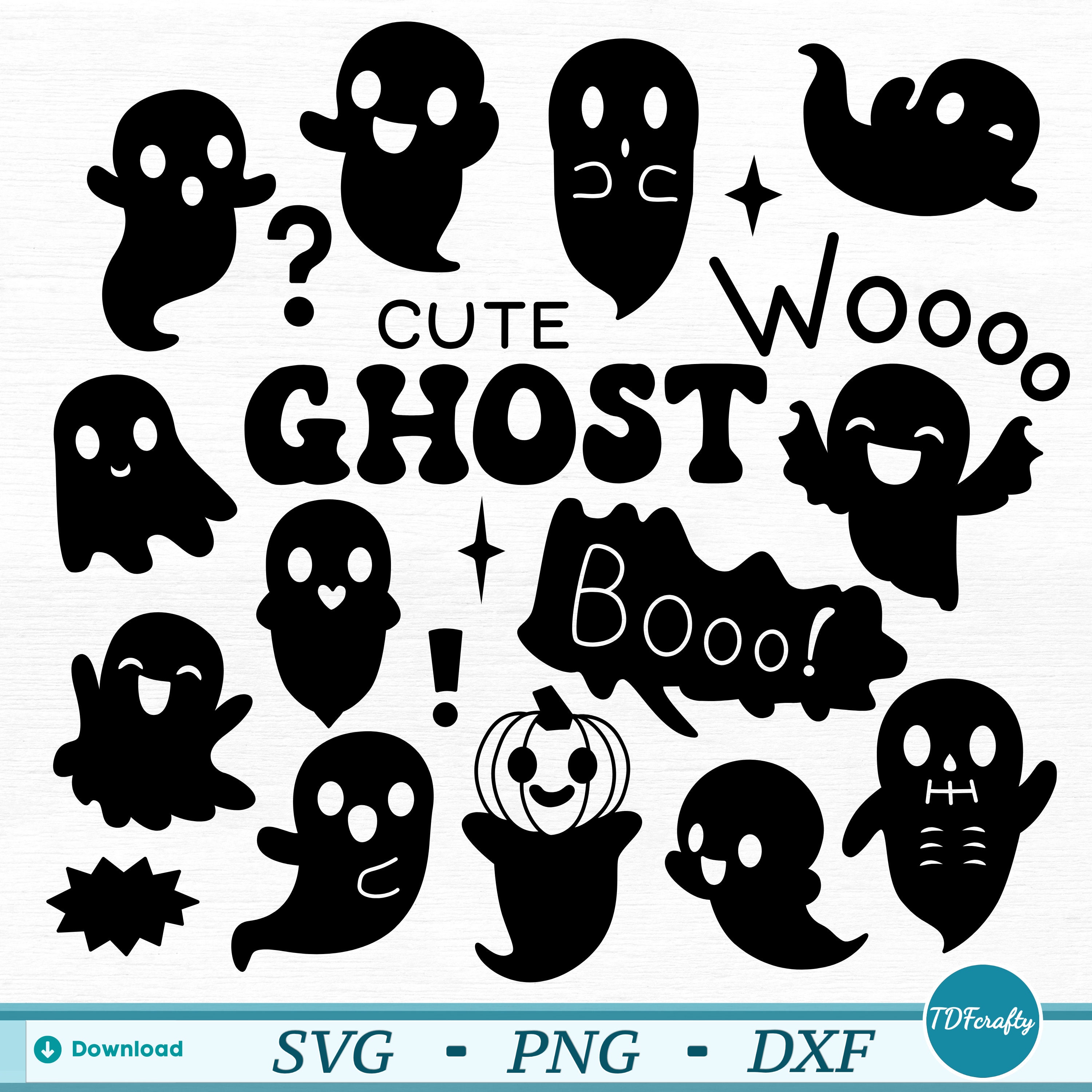 Cute Ghosts Halloween Silhouette Bundle, Specter Stencil Tattoo Decal Design, Spooky Scary pack of drawings svg, png, dxf