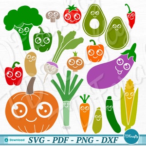 Paquete de vegetales de dibujos animados, diseño de vegetales vectoriales, lindos archivos de corte de silueta, Kawaii Harvest Clipart svg, png, pdf, dxf para cortar archivos