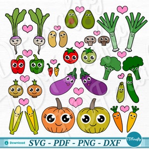 Paquete de parejas de vegetales de dibujos animados, diseño vegetal vectorial, lindos archivos de corte en capas por color, Kawaii Clipart svg, png, pdf, dxf para cortar archivos