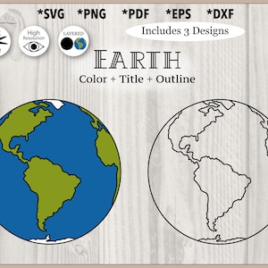 Op de afbeelding: Digitaal ontwerp met twee illustraties van de aarde. Eén toont een gekleurde wereldbol met blauwe oceanen en groene continenten. De andere is een zwarte omtrek van de aarde. Tekst bevat "EARTH" en bestandstype-opties.
