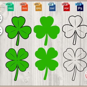 Puede incluir: Seis imágenes diferentes de tréboles de cuatro hojas. Tres de las imágenes son tréboles verdes con contornos negros. Las otras tres imágenes son contornos negros de tréboles de cuatro hojas.