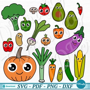Paquete de vegetales de dibujos animados, diseño vegetal vectorial, lindos archivos de corte en capas por color, Kawaii Harvest Clipart svg, png, pdf, dxf para cortar archivos