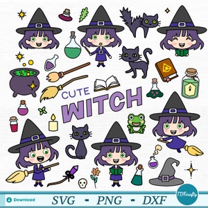 Schattige cartoon heks gelaagd op kleur bundel svg, Halloween png, afdrukbare kinderen clipart, tekeningen snijden bestand dxf
