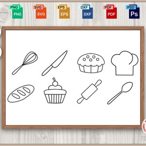 Icone degli strumenti di cottura Baker delineano il pacchetto di design vettoriale SVG per incisione e acquaforte