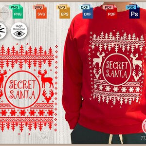 May include: Red sweatshirt with a white "Secret Santa" design. The design includes reindeer, trees, and snowflake patterns. The sweatshirt is a long-sleeved crew neck. The image also shows file type icons for various formats.