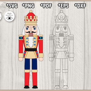 May include: A digital illustration of a nutcracker soldier in red, blue, and gold. The image includes file type icons for SVG, PNG, PDF, EPS, and DXF formats, along with a cut file icon and a high-resolution icon.