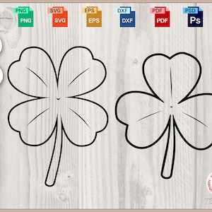 Puede incluir: Dibujo lineal en negro de un trébol de cuatro hojas y un trébol de tres hojas. Los tréboles están delineados en negro y tienen venas detalladas. La imagen incluye iconos de tipo de archivo para JPG, PNG, SVG, EPS, DXF, PDF, PSD y AI.