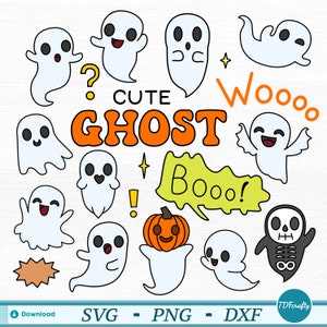 Niedliche Geister Halloween Bundle, Geister nach Farbe geschichtet, Cartoon Scary Phantom Clipart, Kawaii Charaktere svg, png, dxf