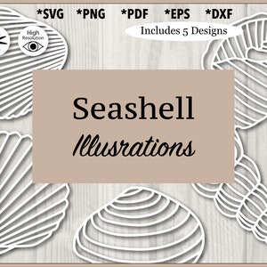 Puede incluir: Ilustraciones de conchas marinas blancas en varias formas y tamaños, con el texto "Seashell Illustrations". Incluye formatos de archivo SVG, PNG, PDF, EPS y DXF. La imagen también incluye el texto "Includes 5 Designs."