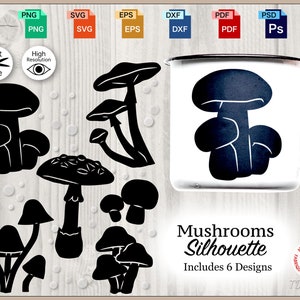 Enchanting Mushroom Silhouette SVG Bundle - 6 Designs, Wildwood Wonders Fungi Tattoo stencil designs, Toadstool Treasures Graphics