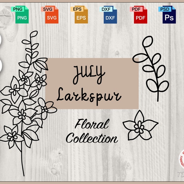 July Larkspur Flower Outline Set svg, png, pdf, dxf, eps, jpeg, psd, ai